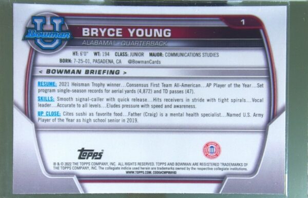 2022 Bowman University Chrome Bryce Young RC #1 Tide - Image 3