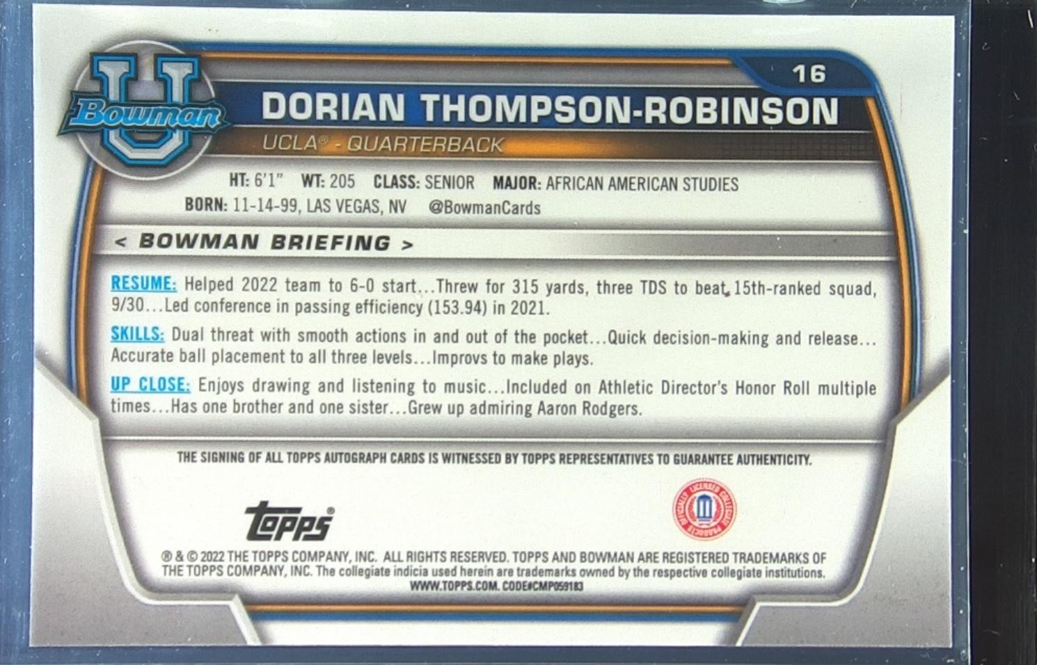 2022 Bowman University Chrome Dorian Thompson-Robinson Auto #16 Bruins Prospect - Image 3
