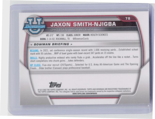 2022 Bowman University Chrome Jaxon Smith-Njigba #78 Buckeyes - Image 3