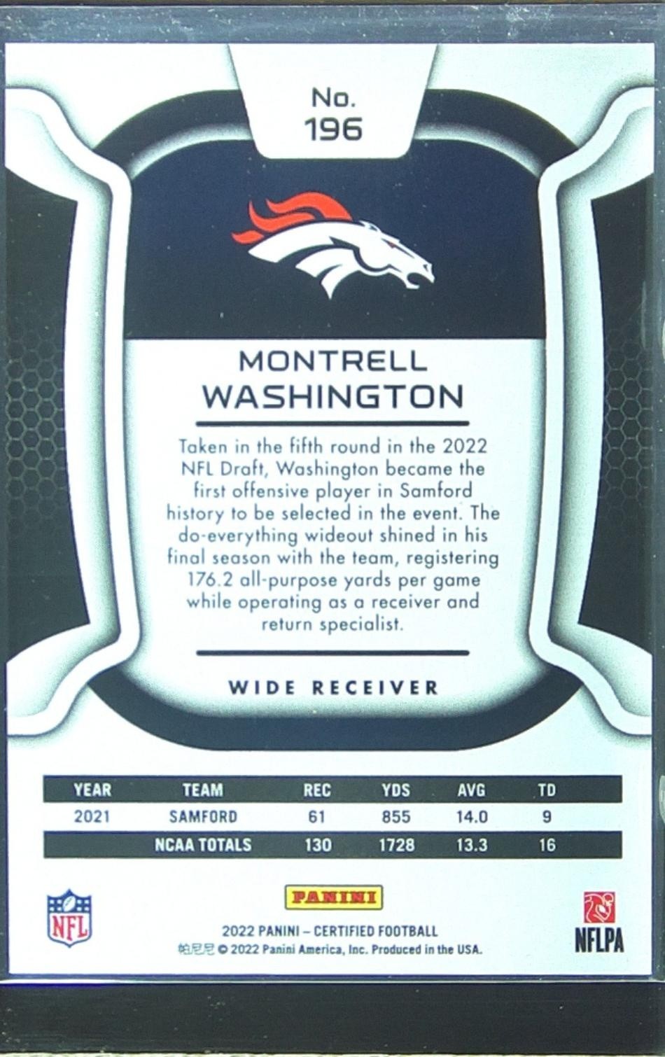 2022 Certified Montrell Washington RC /399 #196 Broncos - Image 3