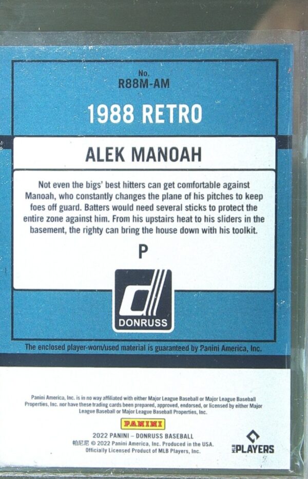 2022 Donruss Alek Manoah JSY #R88M-AM Jays Retro 1988 Materials - Image 3