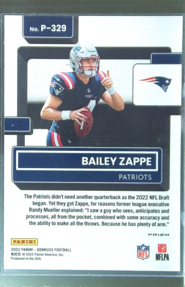 2022 Donruss Bailey Zappe RC #P-329 Patriots Optic Rated Rookies Preview Holo - Image 3