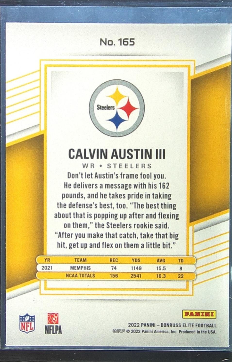 2022 Donruss Elite Calvin Austin III RC /999 #165 Steelers - Image 3
