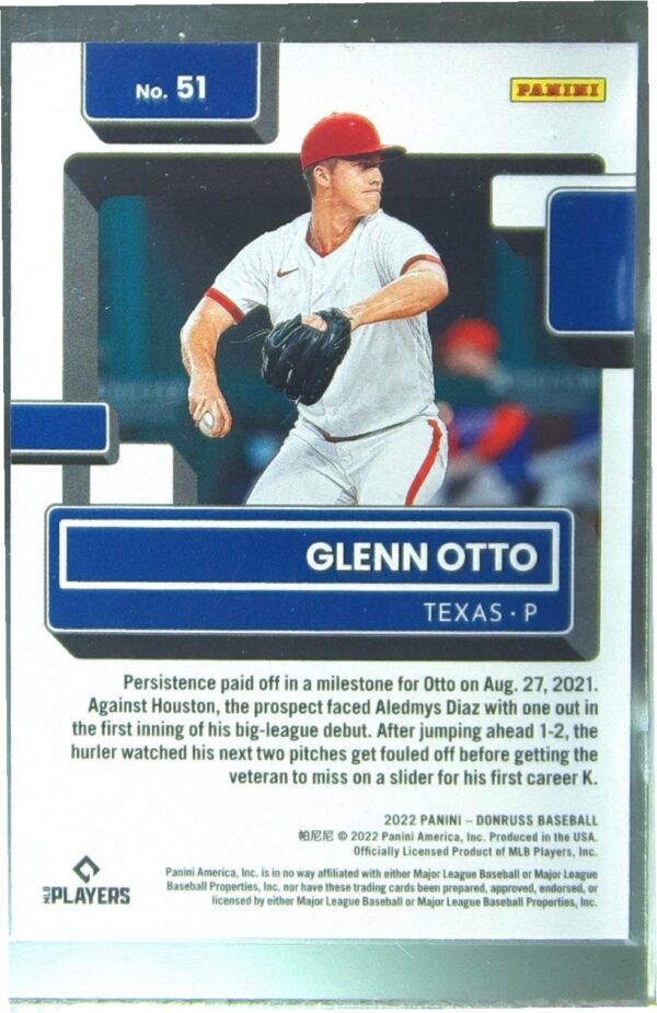 2022 Donruss Glenn Otto Red /2022 RC #51 Rangers - Image 3