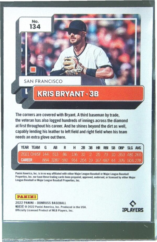 2022 Donruss Kris Bryant Holo Blue #134 Giants - Image 3