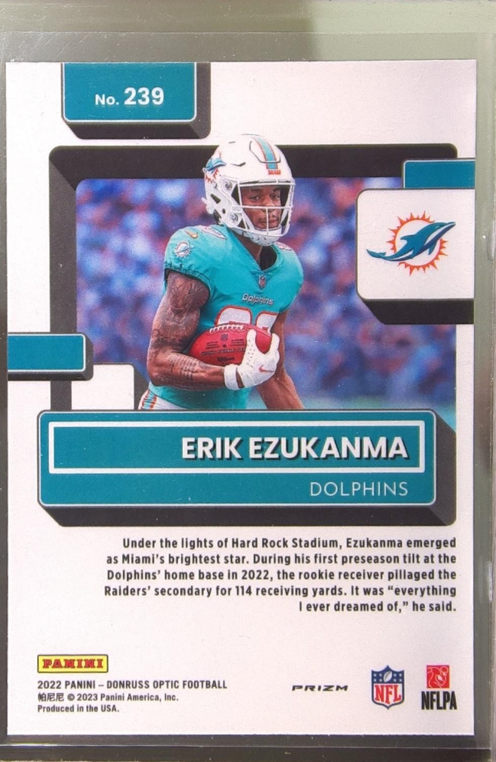 2022 Donruss Optic Erik Ezukanma Purple Shock RC #239 Dolphins - Image 3