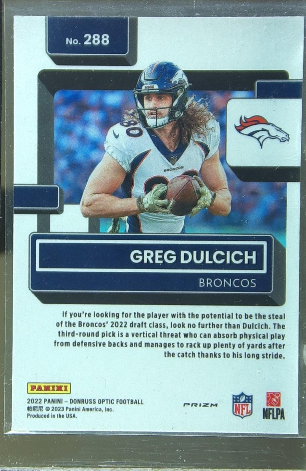 2022 Donruss Optic Greg Dulcich Purple Shock RC #288 Broncos - Image 3