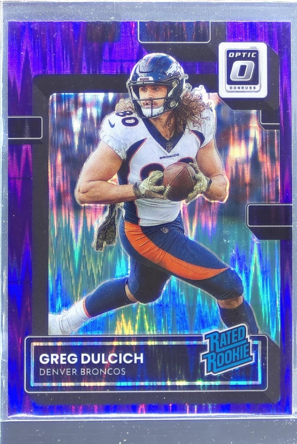2022 Donruss Optic Greg Dulcich Purple Shock RC #288 Broncos