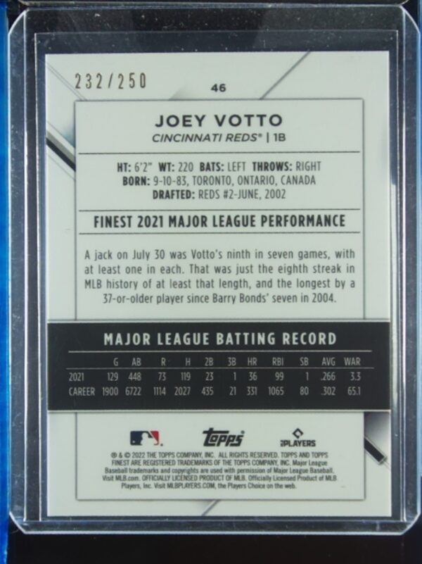 2022 Finest Joey Votto Purple Refractor SN250 #46 Reds - Image 3