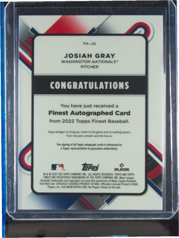 2022 Finest Josiah Gray AU #FA-JG Nationals Finest Autographs - Image 3
