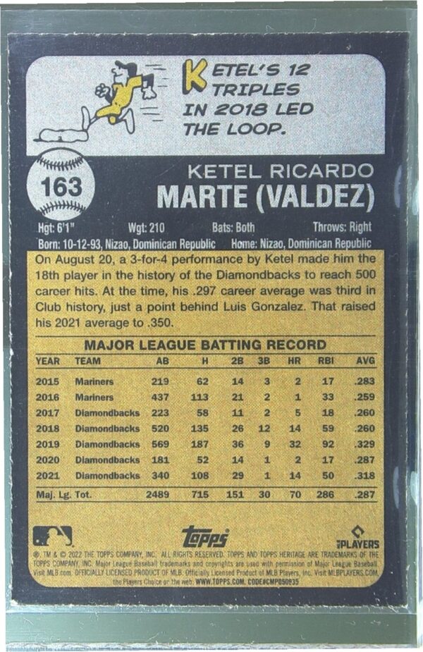 2022 Heritage Ketel Marte Chrome Blue Sparkle #163 Diamondbacks - Image 3