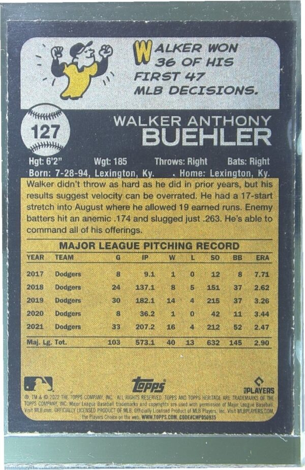 2022 Heritage Walker Buehler Chrome Blue Sparkle #127 Dodgers - Image 3
