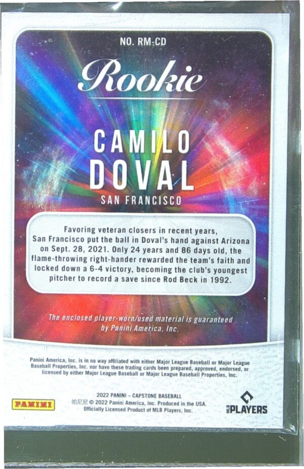 2022 Panini Capstone Camilo Doval JSY RC #RM-CD Giants Rookie Materials - Image 3