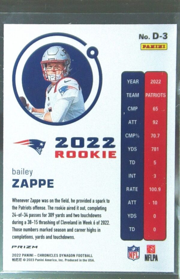 2022 Panini Chronicles Bailey Zappe RC #D-3 Patriots Dynagon Rookies Silver - Image 3