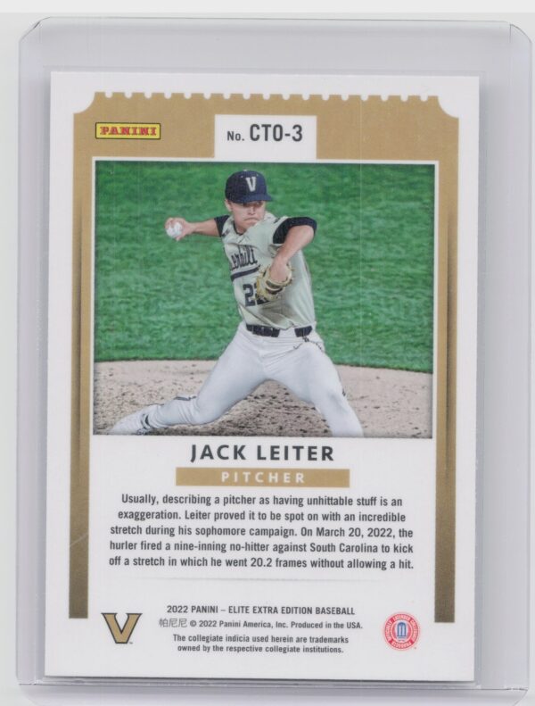 2022 Panini Elite Extra Edition Jack Leiter #CTO-3 Contenders College Ticket - Image 3