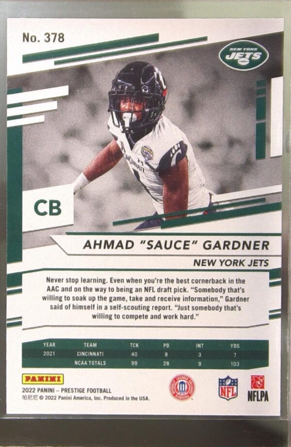 2022 Panini Prestige Ahmad "Sauce" Gardner RC #378 Jets - Image 3