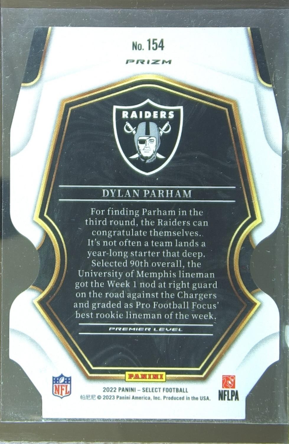 2022 Select Dylan Parham Black and Green Prizm Die Cut RC #154 Raiders - Image 3