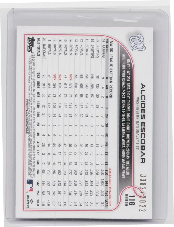 2022 Topps Alcides Escobar Gold #116 Nationals - Image 3