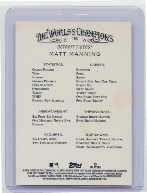 2022 Topps Allen & Ginter Matt Manning Silver Portrait #185 Tigers - Image 3