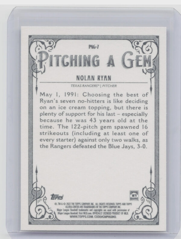 2022 Topps Allen & Ginter Nolan Ryan #PAG-7 Rangers Pitching a Gem - Image 3