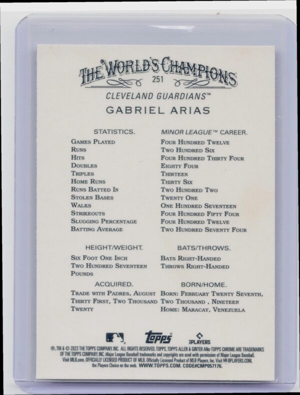 2022 Topps Allen & Ginter X Gabriel Arias Mini Silver #251 Guardians - Image 3