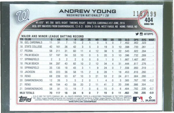 2022 Topps Andrew Young Red Foilboard /199 #404 Nationals - Image 3