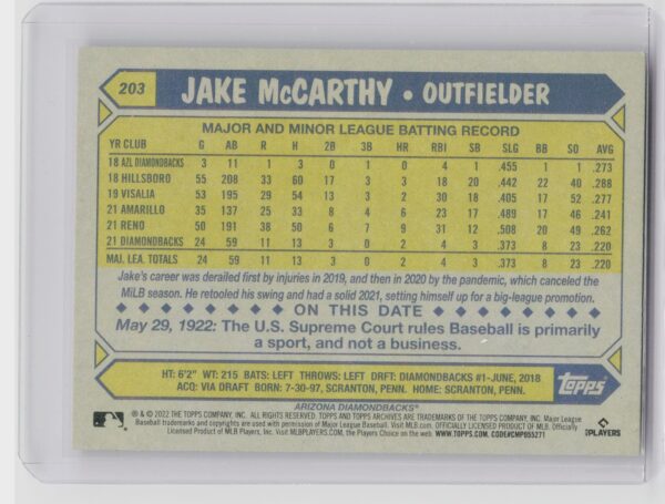 2022 Topps Archives 1987 Jake McCarthy RC #203 Diamondbacks - Image 3