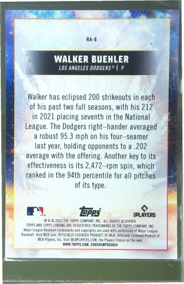 2022 Topps Chrome Cosmic Walker Buehler #RA-8 Dodgers Rocket Arms - Image 3