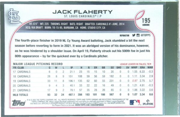 2022 Topps Chrome Jack Flaherty Refractor #195 Cardinals - Image 3