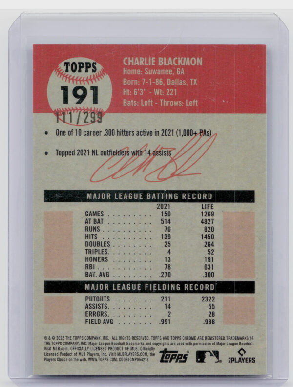 2022 Topps Chrome Platinum Anniversary Charlie Blackmon Aqua Lava Refractor SN29 - Image 3