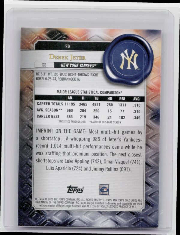 2022 Topps Gold Label Derek Jeter Class 1 Black #78 Yankees - Image 3