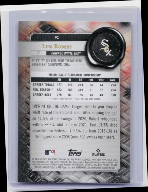 2022 Topps Gold Label Luis Robert #92 Sox - Image 3