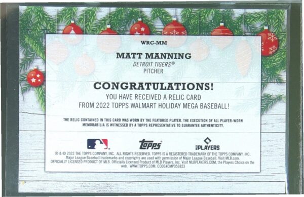 2022 Topps Holiday Matt Manning JSY #WRC-MM Tigers Relics - Image 3