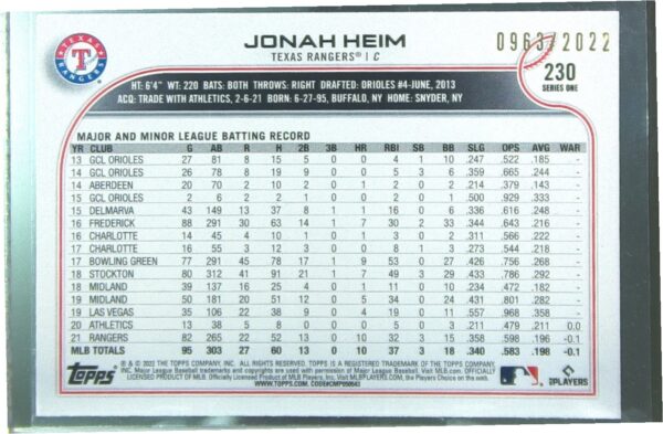 2022 Topps Jonah Heim Gold /2022 #230 Rangers - Image 3