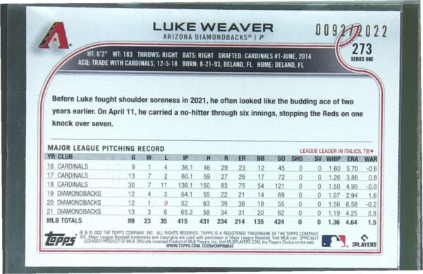 2022 Topps Luke Weaver Gold /2022 #273 Diamondbacks - Image 3