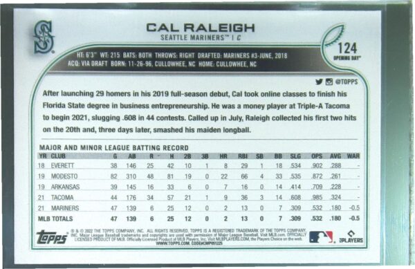 2022 Topps Opening Day Cal Raleigh RC #124 Mariners - Image 3