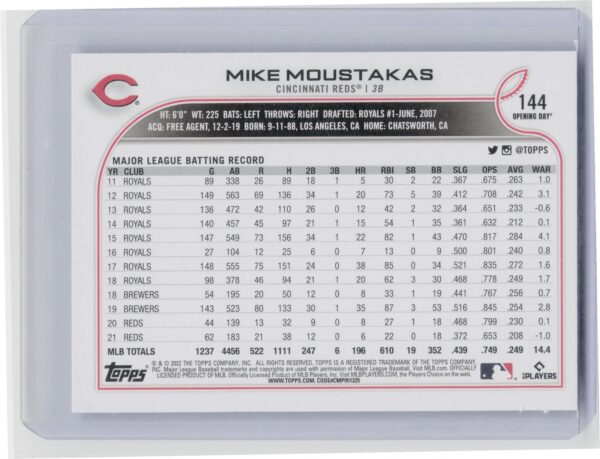 2022 Topps Opening Day Mike Moustakas Blue Foil #144 Reds - Image 3