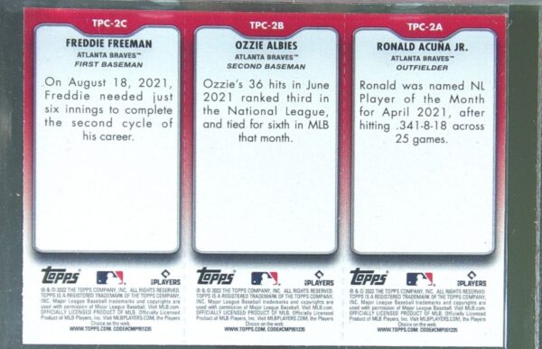2022 Topps Opening Day Ronald Acuña Jr. / Ozzie Albies / Freddie Freeman #TPC-2A - Image 3