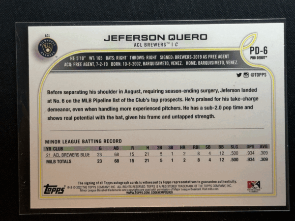 2022 Topps Pro Debut Jefferson Quero Gold Autograph Auto Rookie RC Brewers PD-6 - Image 3