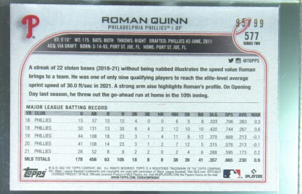 2022 Topps Roman Quinn Vintage Stock /99 #577 Phillies - Image 3