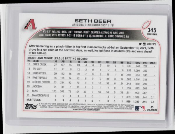 2022 Topps Seth Beer Rookie #ARI-11 Diamondbacks - Image 3