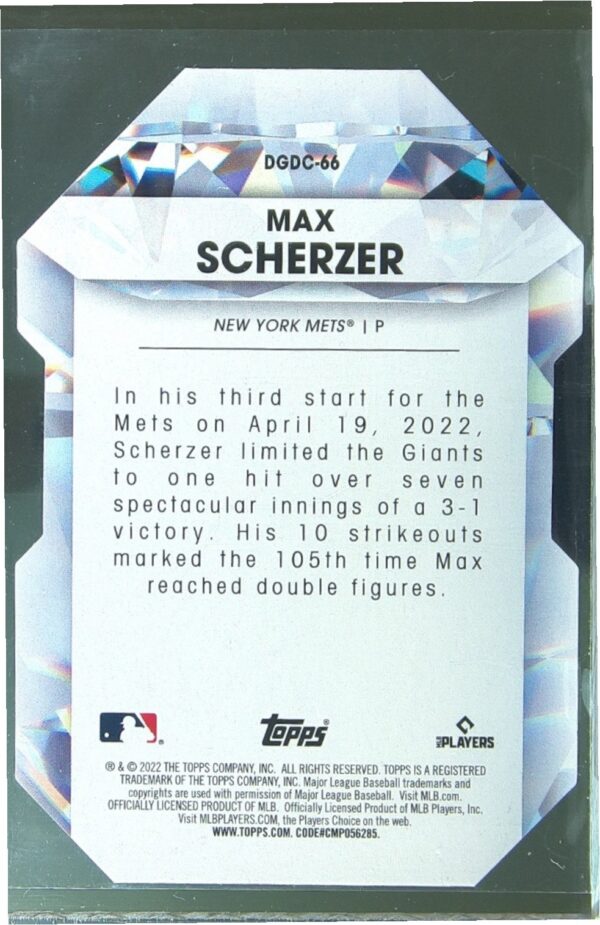 2022 Topps Update Max Scherzer #DGDC-66 Mets Diamond Greats Die Cuts - Image 3
