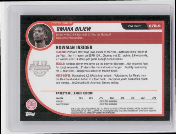 2023-24 Bowman University Chrome Omaha Biliew #07B-9 Cyclones 2007 08 Bowman - Image 3