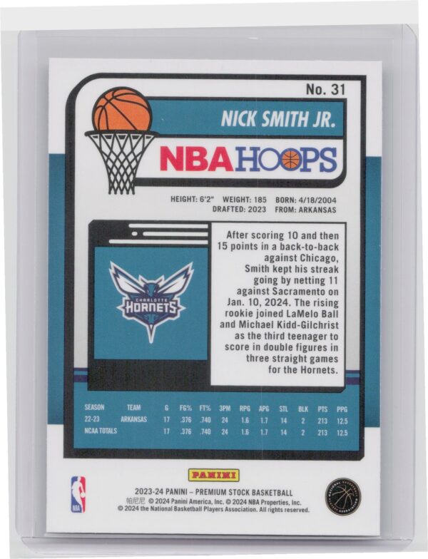 2023-24 Hoops Premium Stock Nick Smith Jr. RC 31 Hornets - Image 3