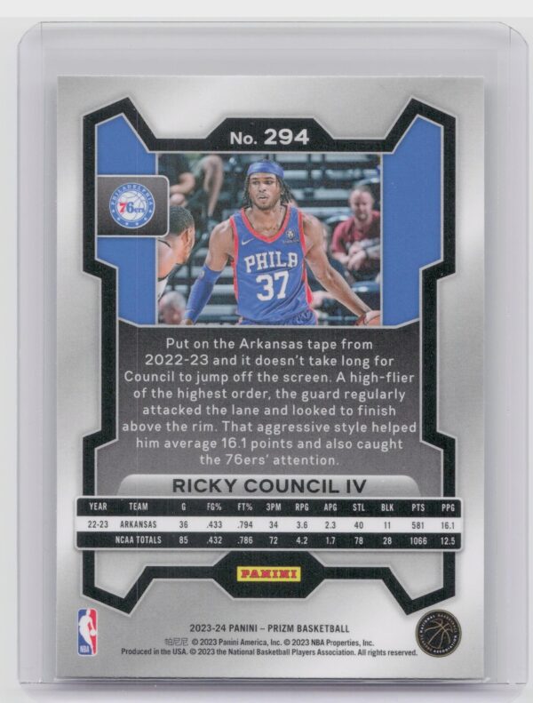 2023-24 Prizm Ricky Council IV RC #294 76ers - Image 3