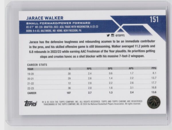 2023-24 Topps Chrome Jarace Walker Blue Basketball Refractors 151 Pacers - Image 3