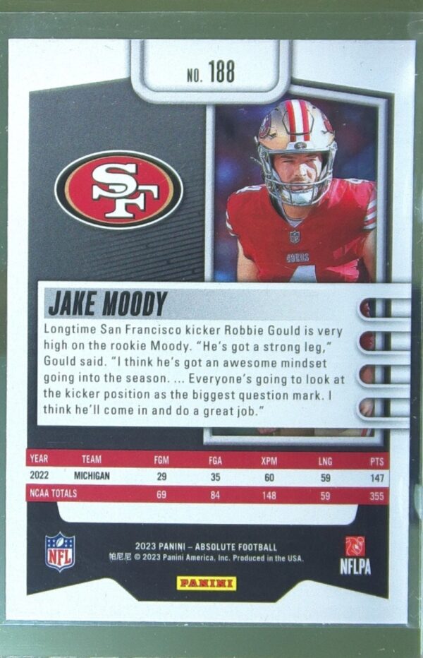 2023 Absolute Jake Moody Purple RC #188 49ers - Image 3