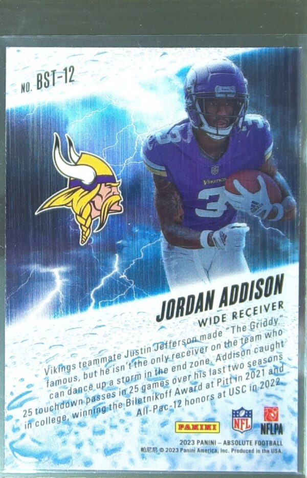 2023 Absolute Jordan Addison RC #BST-12 Vikings By Storm - Image 3