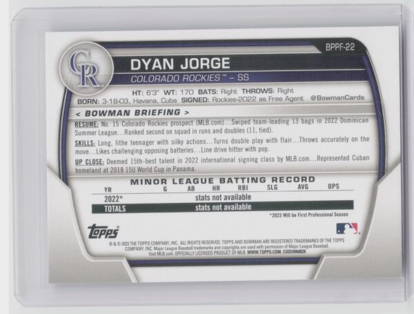 2023 Bowman 1st Edition Dyan Jorge #BPPF-22 Rockies - Image 3