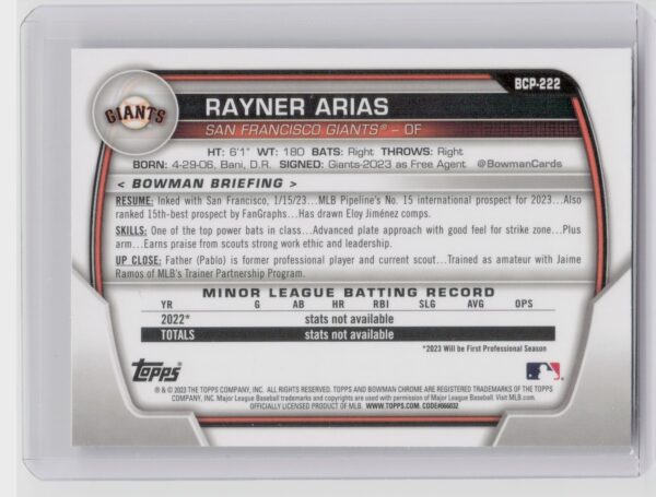 2023 Bowman Chrome Rayner Arias #BCP-222 Giants Chrome Prospects Mojo Refractor - Image 3